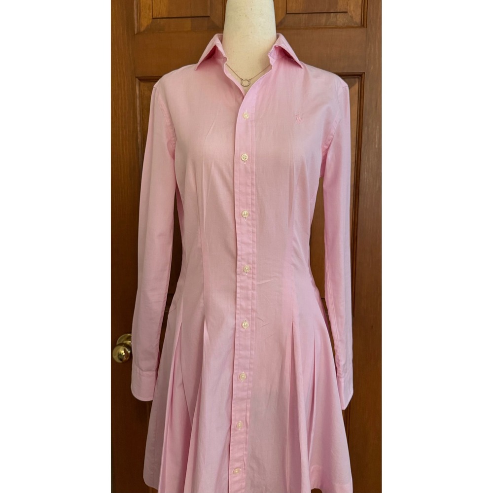 Ralph Lauren Tailored Fit Shirt Dress Womens Size 2 Pink Cotton Preppy Button-Up - Picture 3 of 14